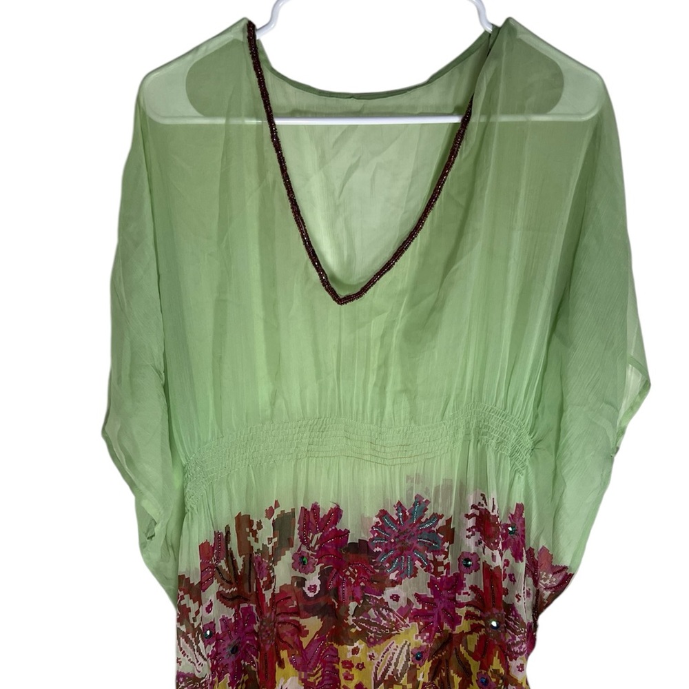 Embellished Green Floral Women's Swim See through Cover Up